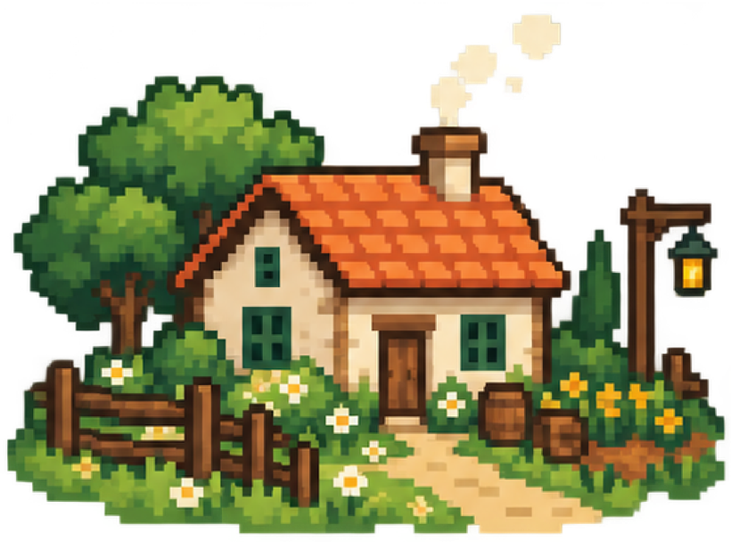 Cozy pixel-art farmhouse with a warm roof and a welcoming front porch.