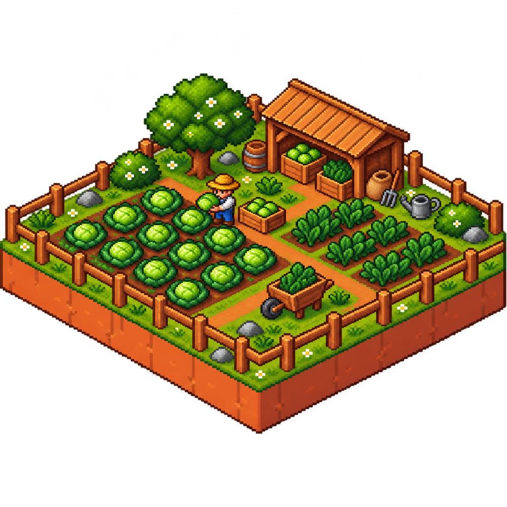 Isometric pixel-art farm with carrot rows, tomato vines, a farmer, a scarecrow, and a red-roofed shed.
